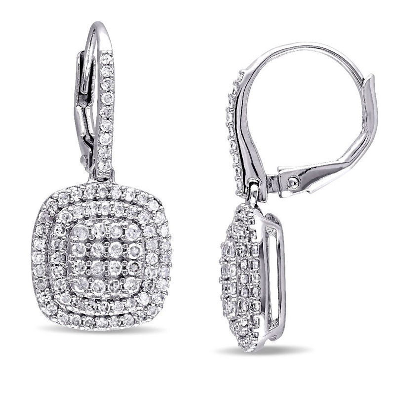 1 CT. T.W. Composite Diamond Double Cushion Frame Drop Earrings in Sterling Silver