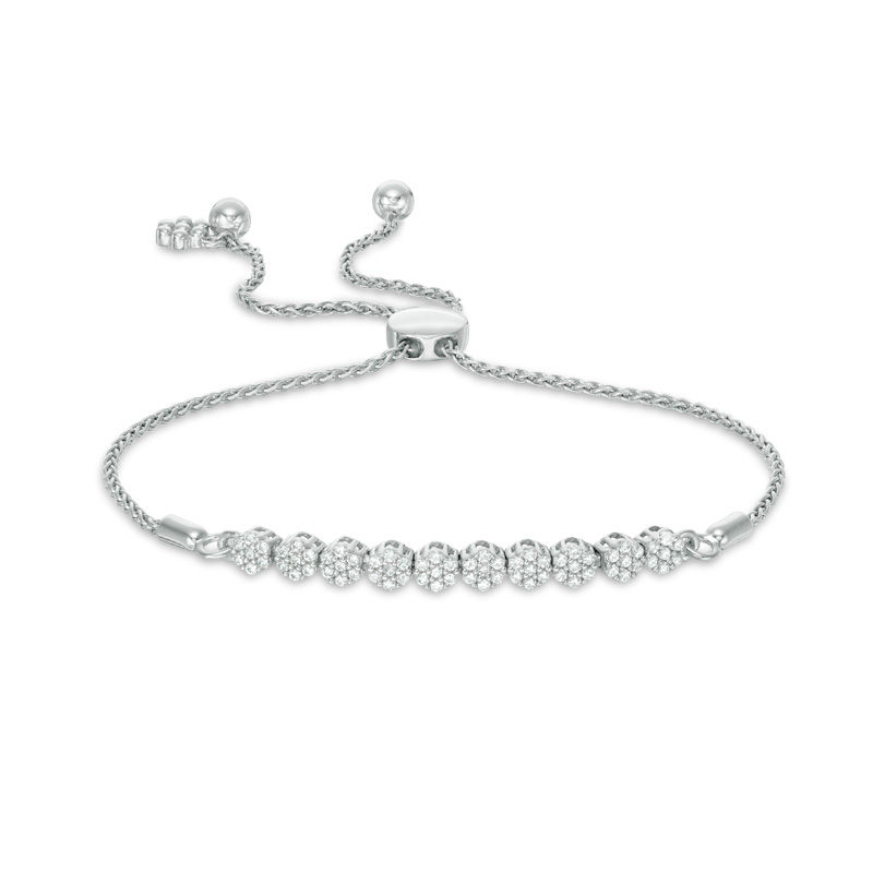 1/2 CT. T.W. Diamond Flower Cluster Bar Bolo Bracelet in 10K White Gold - 9.0"