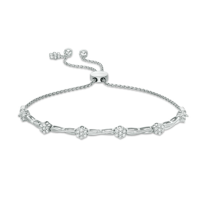 3 8 Ct T W Diamond Composite Flower Twist Bolo Bracelet In 10k 3 8 Ct T W Diamond Composite Flower Twist Bolo Bracelet In 10k White Gold