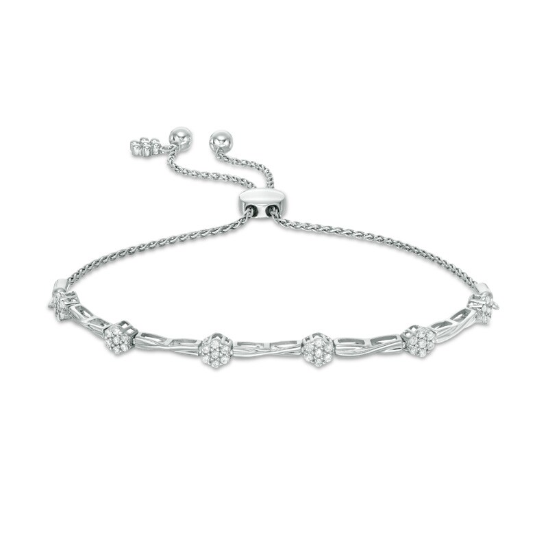 Main Image 1 of 3/8 CT. T.W. Multi-Diamond Flower Twist Bolo Bracelet in 10K White Gold - 8.9"