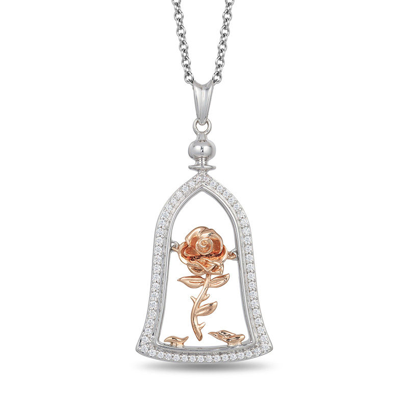 Enchanted Disney Belle 1/5 CT. T.W. Diamond Rose in Dome Pendant in Sterling Silver and 10K Rose Gold - 19"