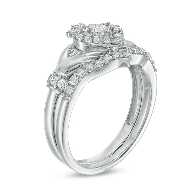 Main Image 2 of 1/2 CT. T.W. Diamond Claddagh Bridal Set in 10K White Gold