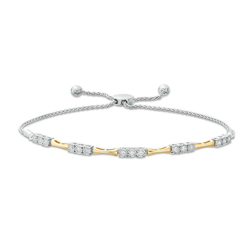 Main Image 1 of 1/4 CT. T.W. Diamond Three Stone Alternating Concave Link Bolo Bracelet in 10K Two-Tone Gold - 9.9"