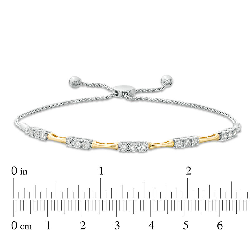 Main Image 2 of 1/4 CT. T.W. Diamond Three Stone Alternating Concave Link Bolo Bracelet in 10K Two-Tone Gold - 9.9"