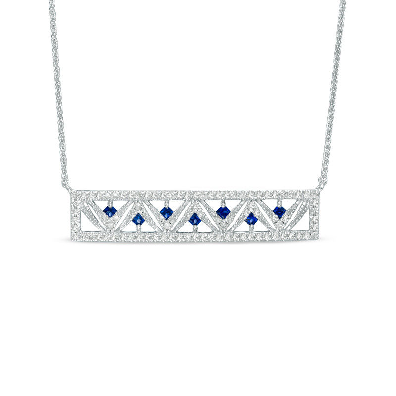 Main Image 1 of Vera Wang Love Collection Princess-Cut Blue Sapphire and 1/4 CT. T.W. Diamond Bar Necklace in 14K White Gold - 19"