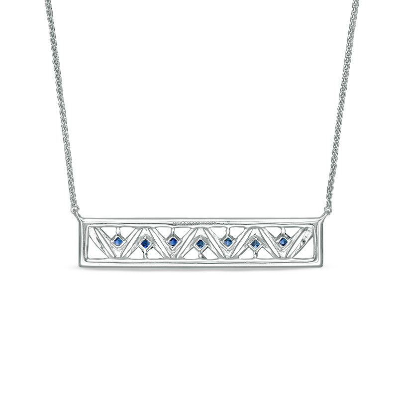 Main Image 2 of Vera Wang Love Collection Princess-Cut Blue Sapphire and 1/4 CT. T.W. Diamond Bar Necklace in 14K White Gold - 19"