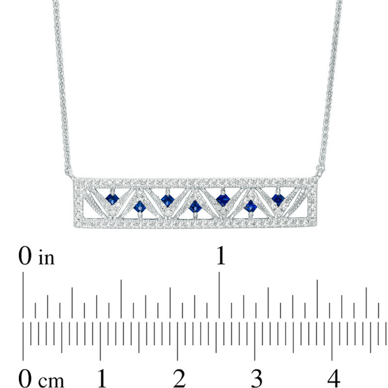 Main Image 3 of Vera Wang Love Collection Princess-Cut Blue Sapphire and 1/4 CT. T.W. Diamond Bar Necklace in 14K White Gold - 19"
