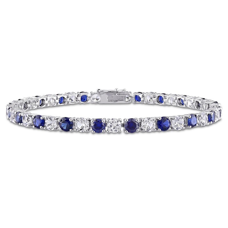 4.0mm Lab-Created Blue and White Sapphire Alternating Tennis Bracelet in Sterling Silver - 7.25"