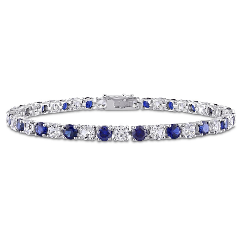 Main Image 2 of 4.0mm Lab-Created Blue and White Sapphire Alternating Tennis Bracelet in Sterling Silver - 7.25"