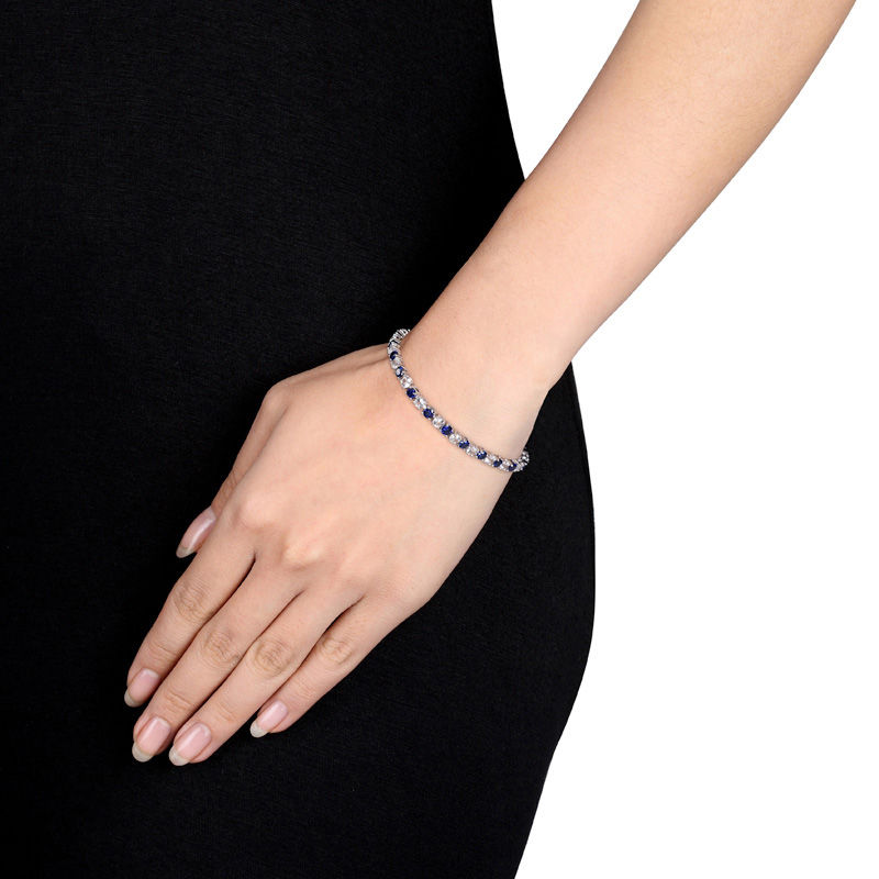 Main Image 3 of 4.0mm Lab-Created Blue and White Sapphire Alternating Tennis Bracelet in Sterling Silver - 7.25"