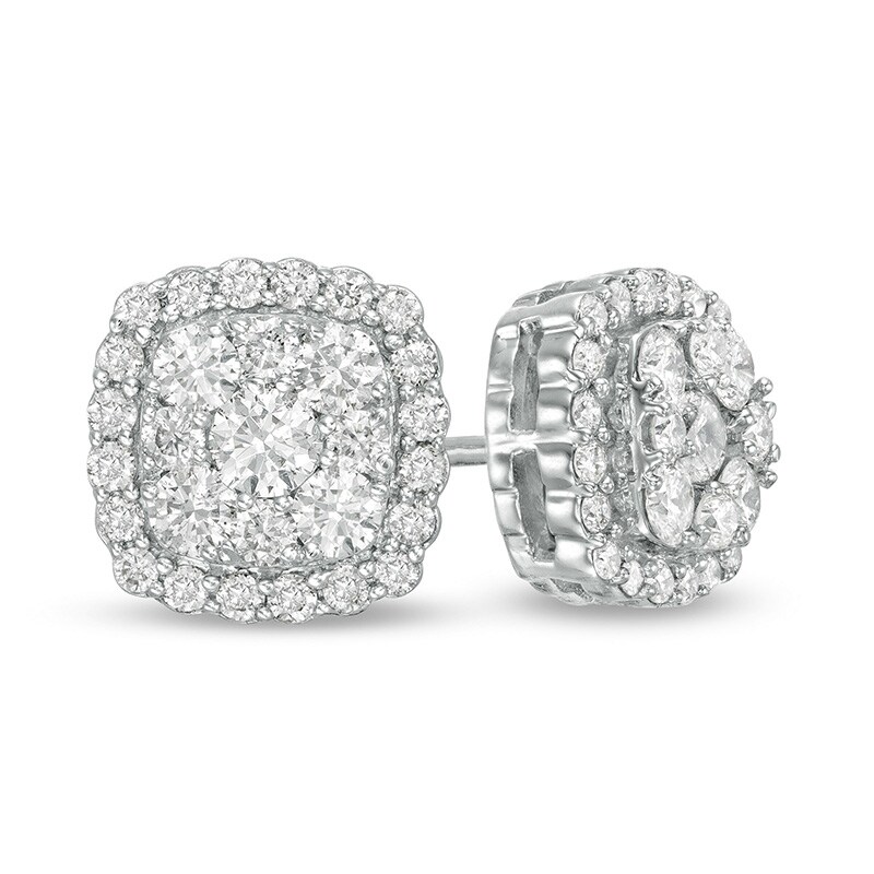 7/8 CT. T.W. Cushion Multi-Diamond Frame Stud Earrings in 14K White Gold