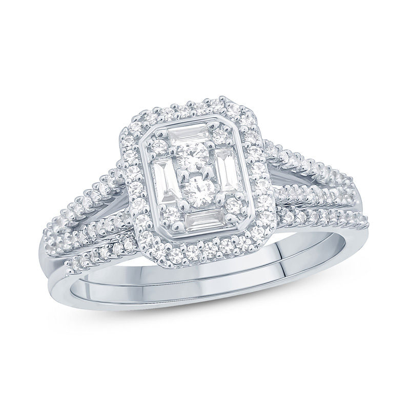 3/8 CT. T.W. Composite Diamond Rectangle Frame Split Shank Bridal Set in 10K White Gold