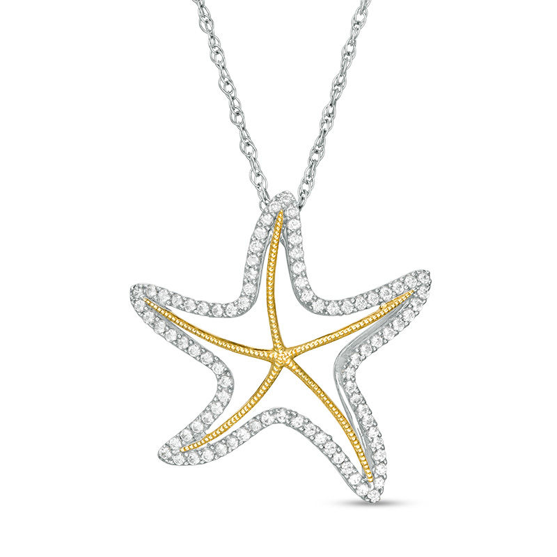 Lab-Created White Sapphire Starfish Vintage-Style Pendant in Sterling Silver and 14K Gold Plate