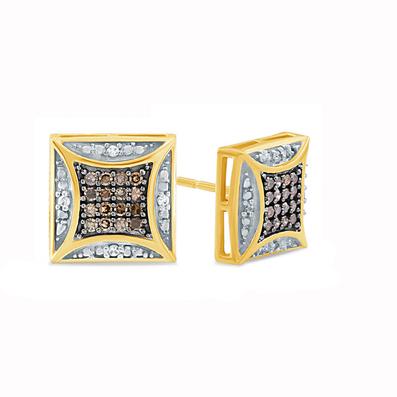 Men's 1/5 CT. T.W. Champagne and White Composite Diamond Cushion Stud Earrings in 10K Gold with Black Rhodium