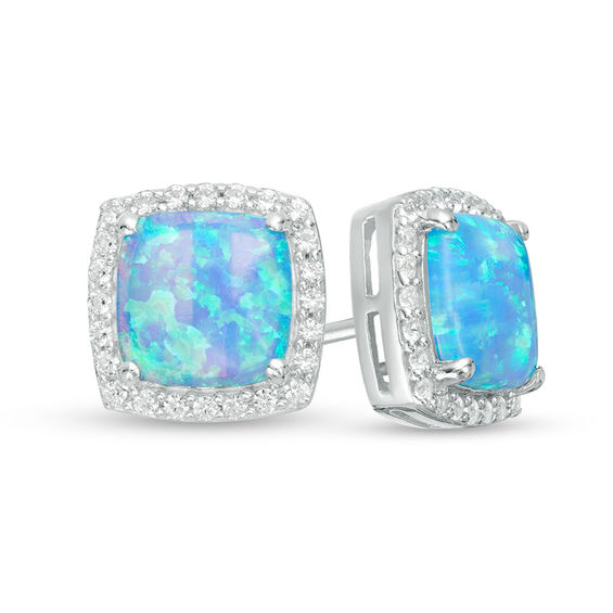 7.0 Cushion-Cut Lab-Created Blue Opal and White Sapphire Frame Stud  Earrings in Sterling Silver