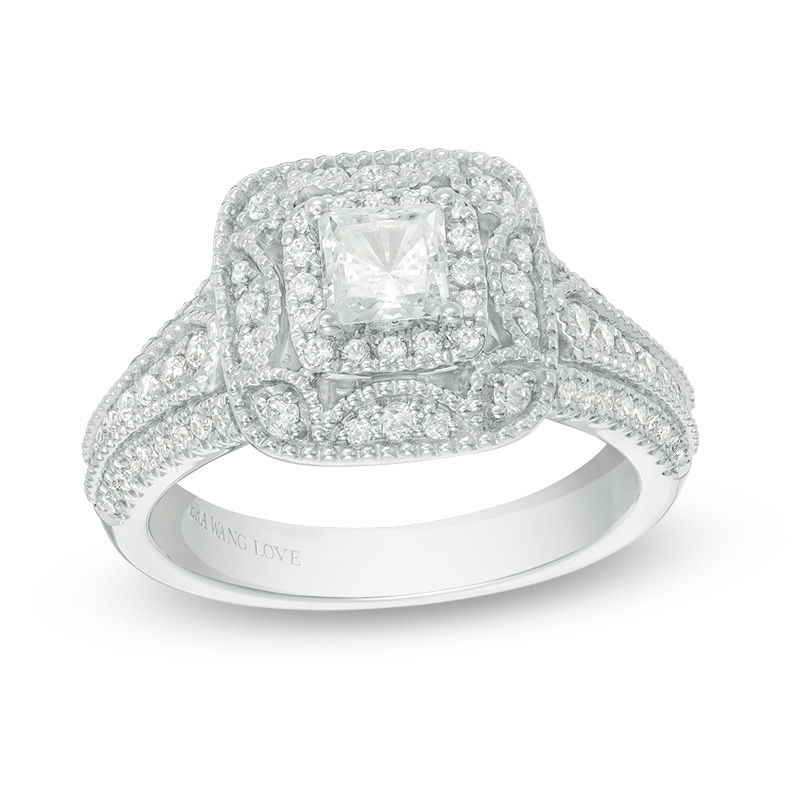 Vera Wang Love Collection 1 CT. T.W. Princess-Cut Diamond Frame Vintage-Style Engagement Ring in 14K White Gold