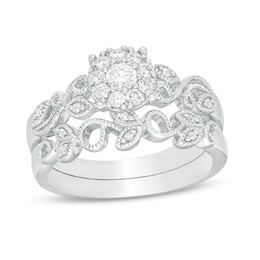1/3 CT. T.W. Diamond Frame Vine-Shank Vintage-Style Interlocking Bridal Set in 10K White Gold