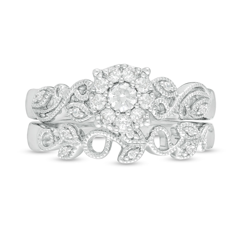 Main Image 4 of 1/3 CT. T.W. Diamond Frame Vine-Shank Vintage-Style Interlocking Bridal Set in 10K White Gold