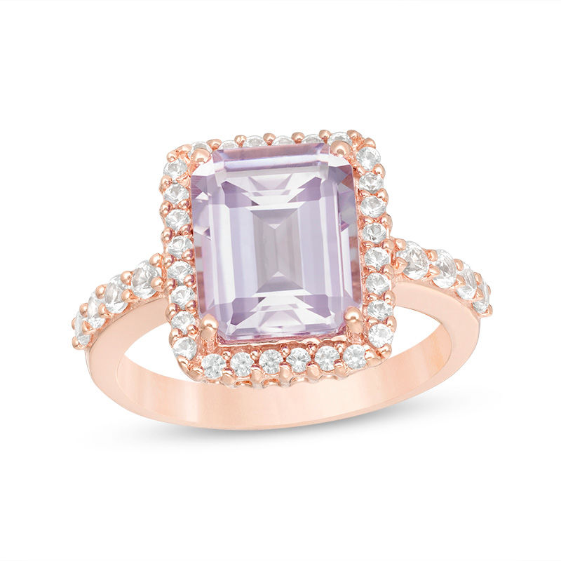 Rose de France Amethyst and Lab-Created White Sapphire Frame Ring in Sterling Silver with 18K Rose Gold Plate