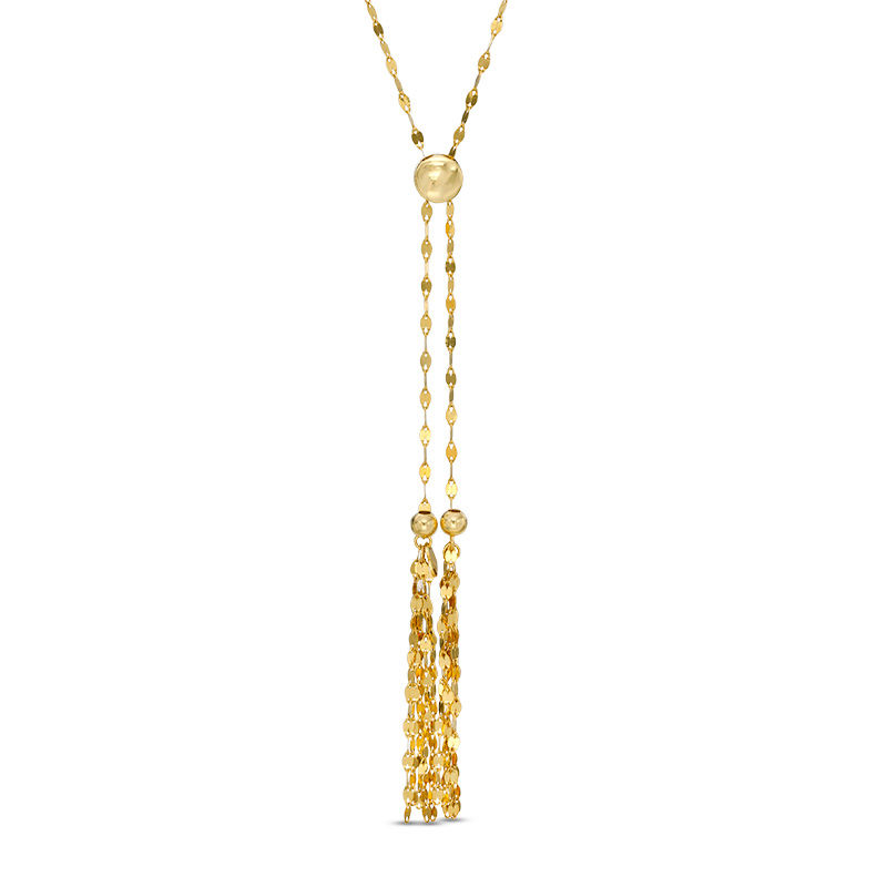 Made in Italy Mirror Flat-Link Double Tassel Lariat-Style Bolo Necklace in 14K Gold - 26"