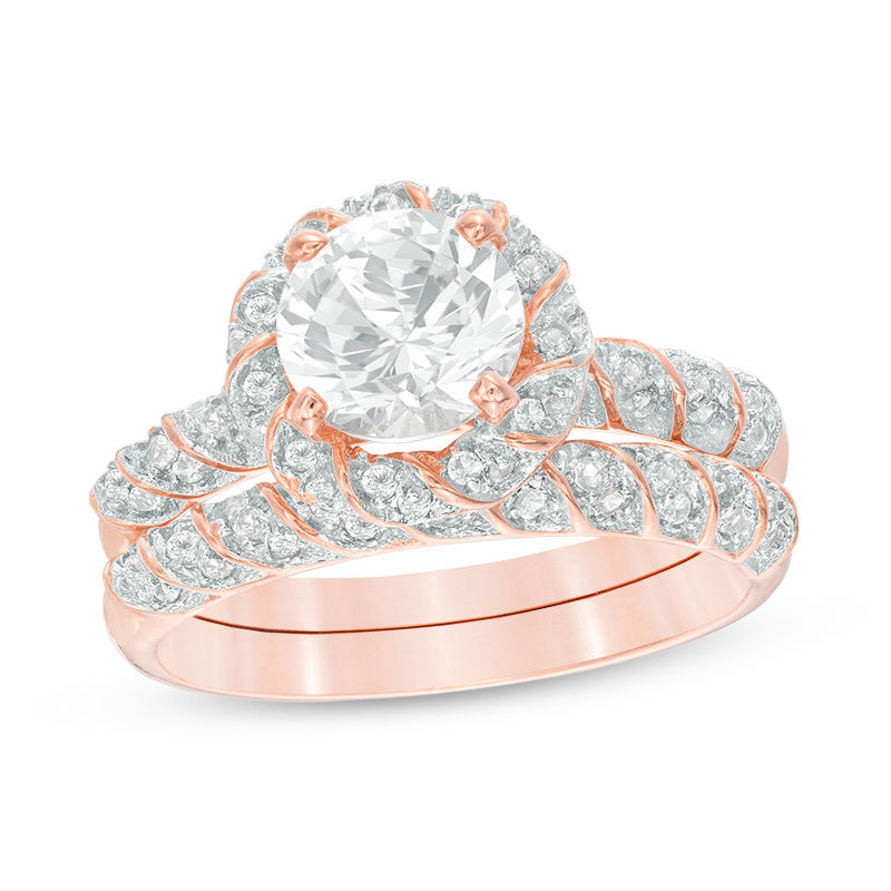 Main Image 1 of 7.0mm Lab-Created White Sapphire Frame Twist Bridal Set in Sterling Silver with 14K Rose Gold Plate