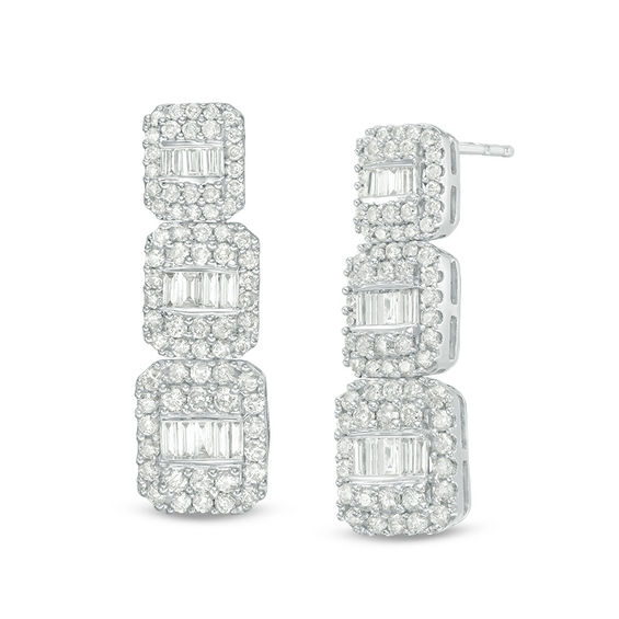 1-1/2 CT. T.W. Composite Baguette and Round Diamond Drop Earrings in 10K White Gold 1-1/2 CT. T.W. Composite Baguette and Round Diamond Drop Earrings in 10K White Gold