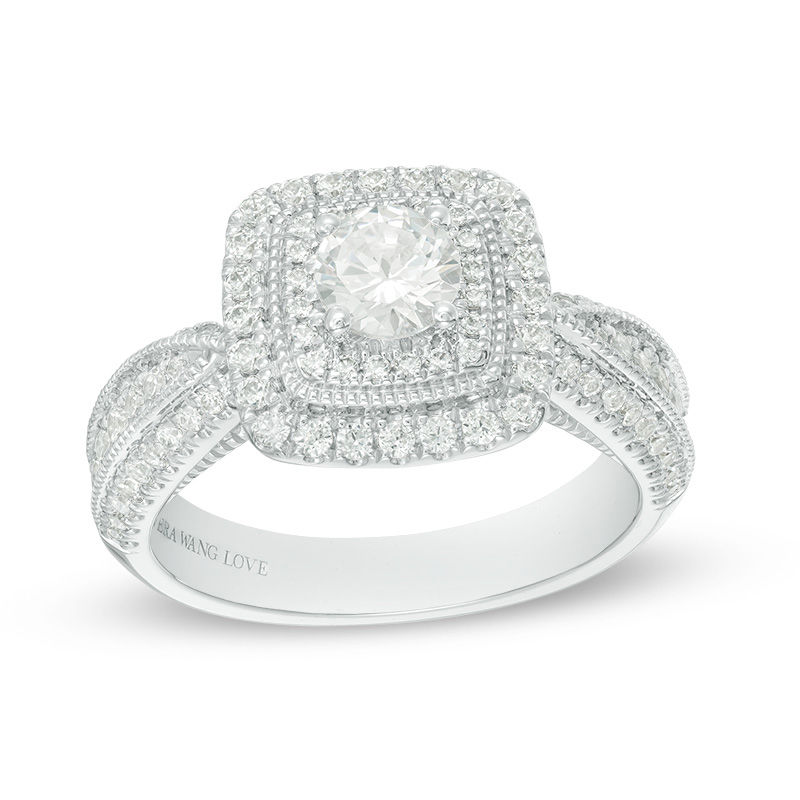 Vera Wang Love Collection 1-1/5 CT. T.W. Diamond Double Cushion Frame Engagement Ring in 14K White Gold