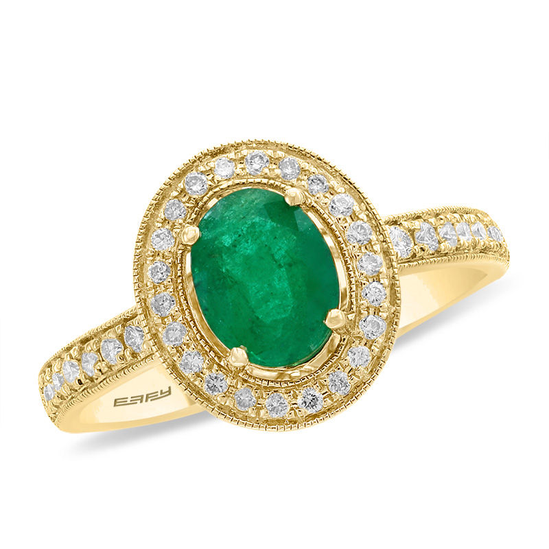 Main Image 1 of EFFY™ Collection Oval Emerald and 3/8 CT. T.W. Diamond Frame Vintage-Style Ring in 14K Gold