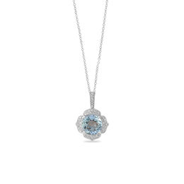 EFFY™ Collection 8.0mm Aquamarine and 1/5 CT. T.W. Diamond Floral Frame Pendant in 14K White Gold