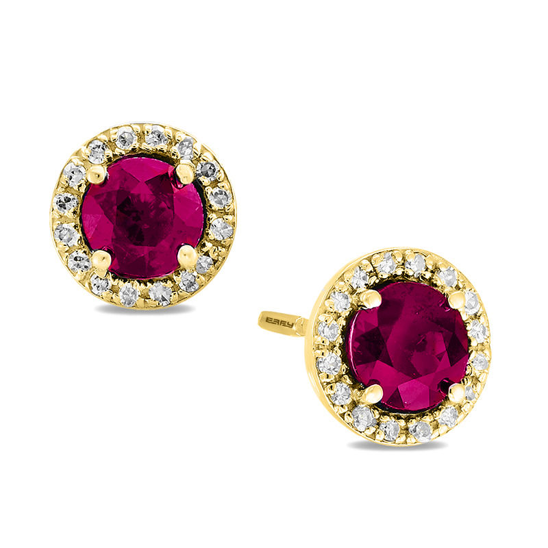 EFFY™ Collection 5.0mm Ruby and 1/8 CT. T.W. Diamond Frame Stud Earrings in 14K Gold