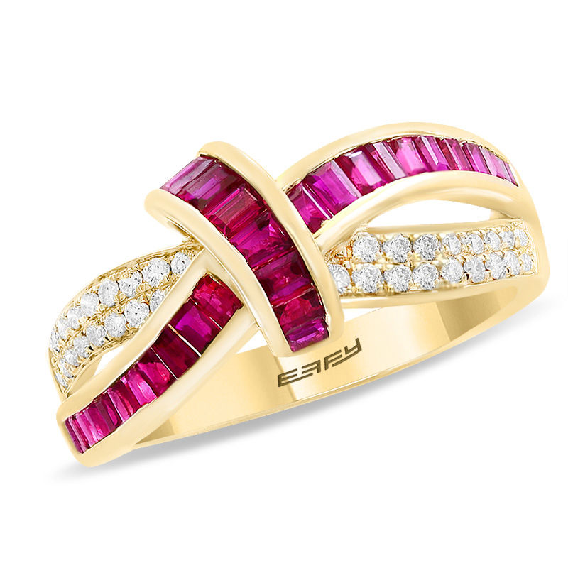 EFFY™ Collection Baguette Ruby and 1/5 CT. T.W. Diamond Knot Ring in 14K Gold