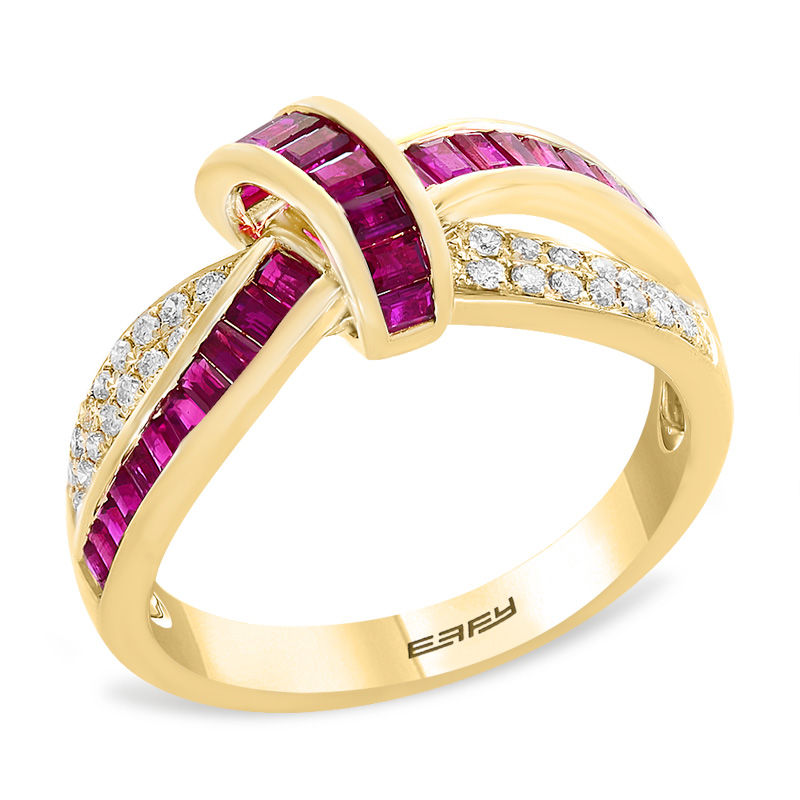 EFFY™ Collection Baguette Ruby and 1/5 CT. T.W. Diamond Knot Ring in 14K Gold