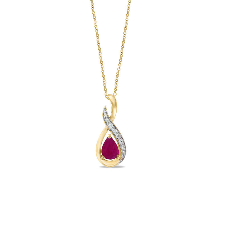 Main Image 1 of EFFY™ Collection Pear-Shaped Ruby and 1/10 CT. T.W. Diamond Flame Pendant in 14K Gold