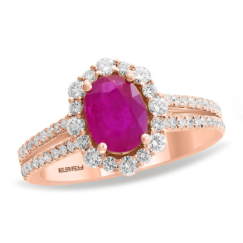 EFFY™ Collection Oval Ruby and 3/4 CT. T.W. Diamond Frame Double Row Vintage-Style Ring in 14K Rose Gold