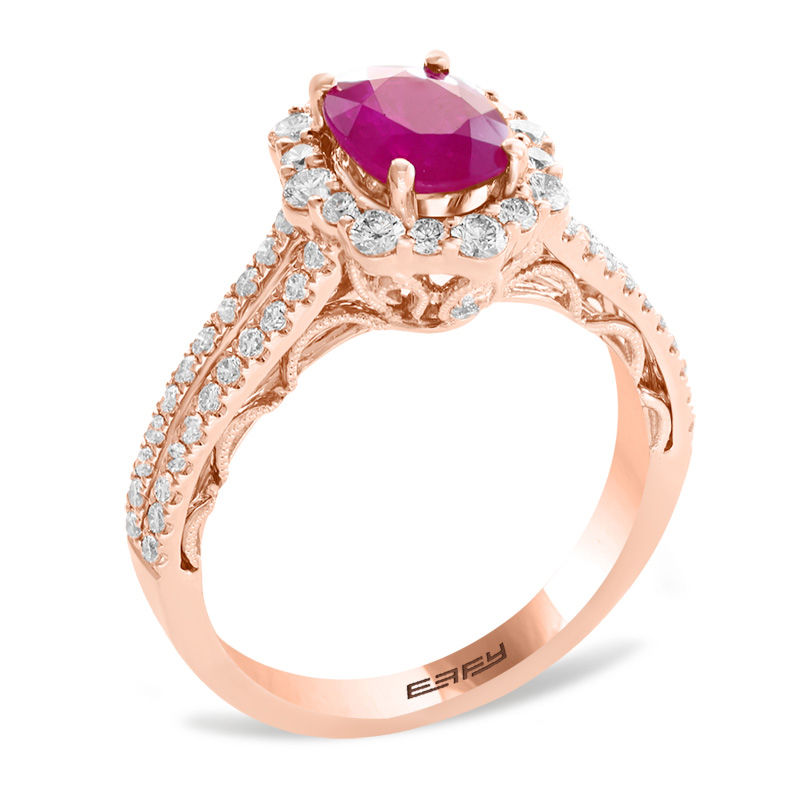 EFFY™ Collection Oval Ruby and 3/4 CT. T.W. Diamond Frame Double Row Vintage-Style Ring in 14K Rose Gold