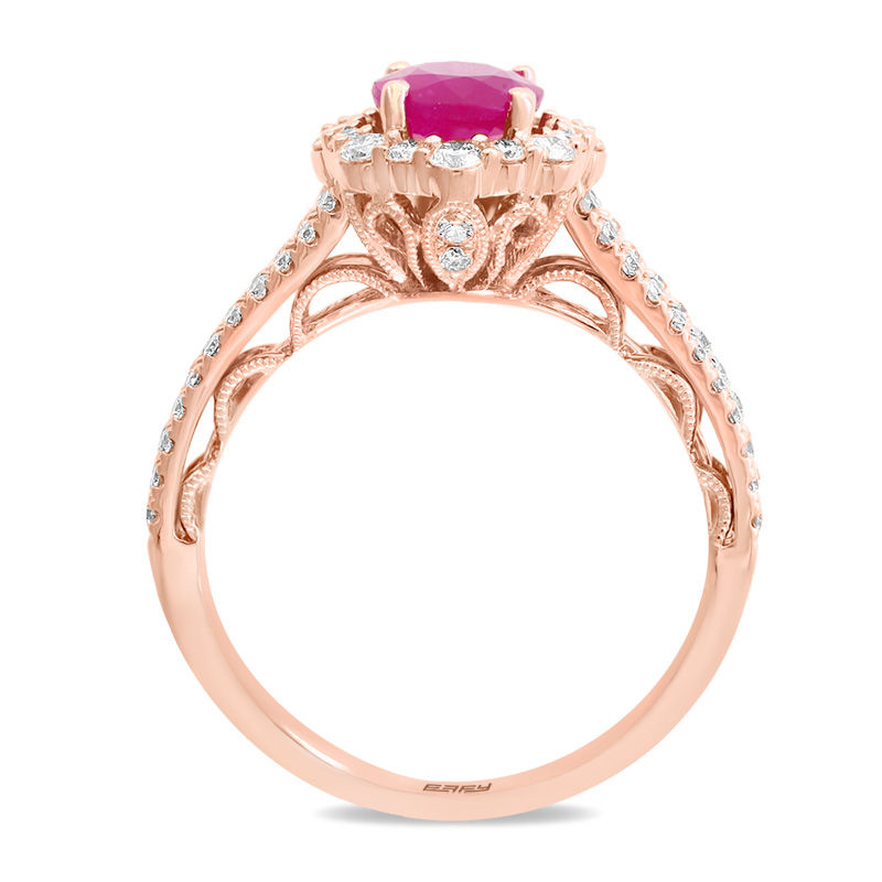 EFFY™ Collection Oval Ruby and 3/4 CT. T.W. Diamond Frame Double Row Vintage-Style Ring in 14K Rose Gold