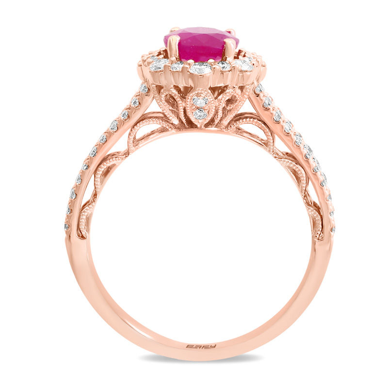 Main Image 3 of EFFY™ Collection Oval Ruby and 3/4 CT. T.W. Diamond Frame Double Row Vintage-Style Ring in 14K Rose Gold