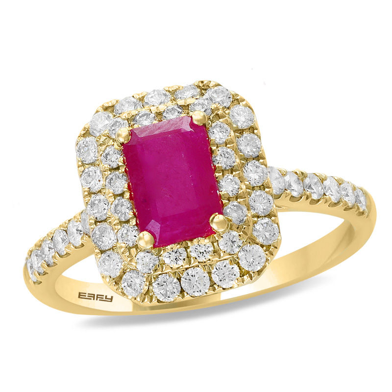 EFFY™ Collection Emerald-Cut Ruby and 5/8 CT. T.W. Diamond Double Frame Ring in 14K Gold