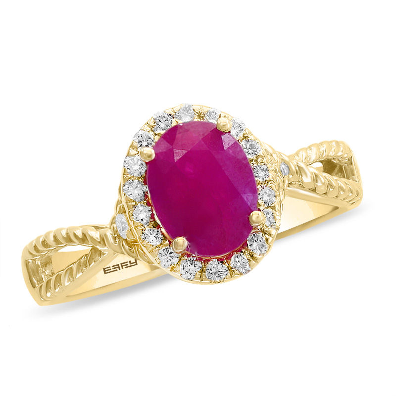 Main Image 1 of EFFY™ Collection Oval Ruby and 1/5 CT. T.W. Diamond Frame Rope Shank Ring in 14K Gold