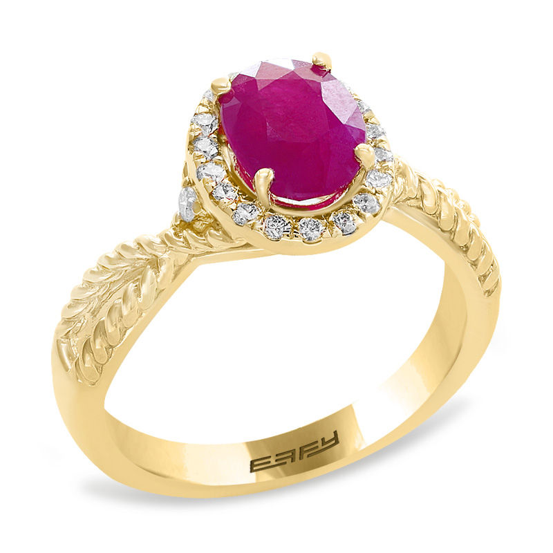 Main Image 2 of EFFY™ Collection Oval Ruby and 1/5 CT. T.W. Diamond Frame Rope Shank Ring in 14K Gold