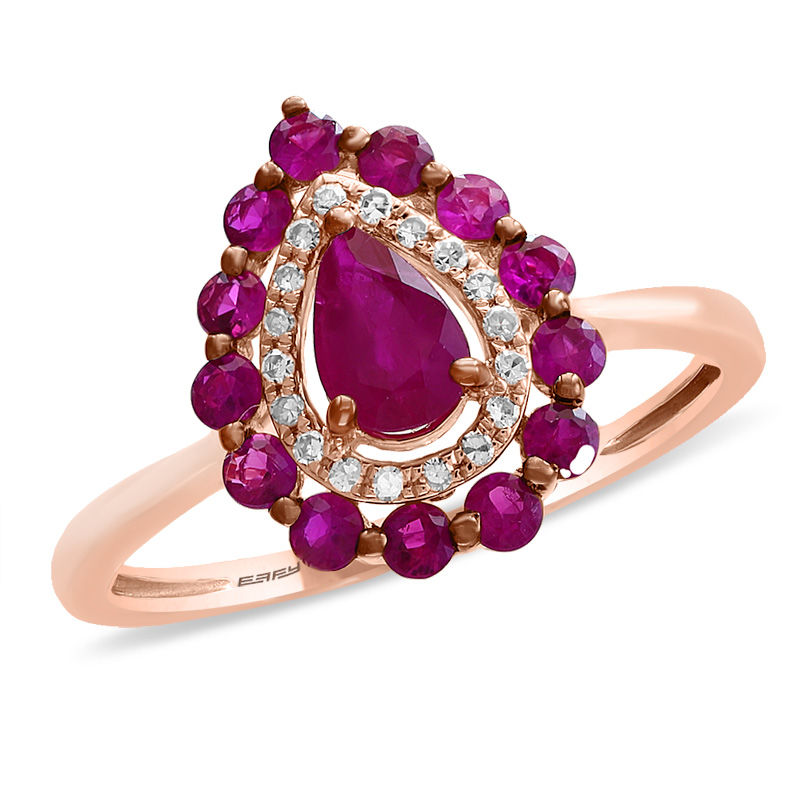 Main Image 1 of EFFY™ Collection Ruby and 1/15 CT. T.W. Diamond Teardrop Frame Ring in 14K Rose Gold