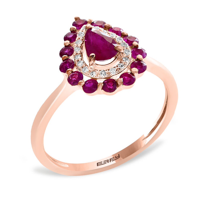 EFFY™ Collection Ruby and 1/15 CT. T.W. Diamond Teardrop Frame Ring in 14K Rose Gold