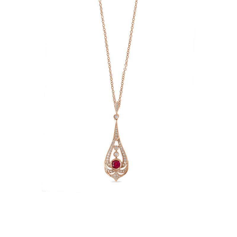 Main Image 1 of EFFY™ Collection 4.0mm Ruby and 1/5 CT. T.W. Diamond Vintage-Style Pendulum Pendant in 14K Rose Gold