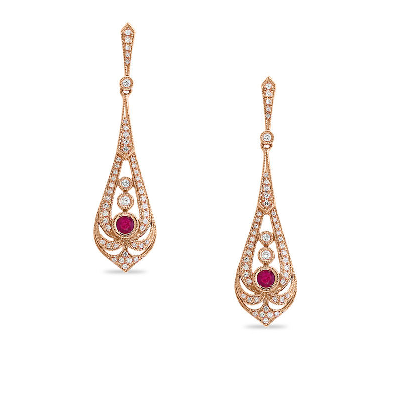 Main Image 1 of EFFY™ Collection 3.0mm Ruby and 3/8 CT. T.W. Diamond Vintage-Style Pendulum Drop Earrings in 14K Rose Gold