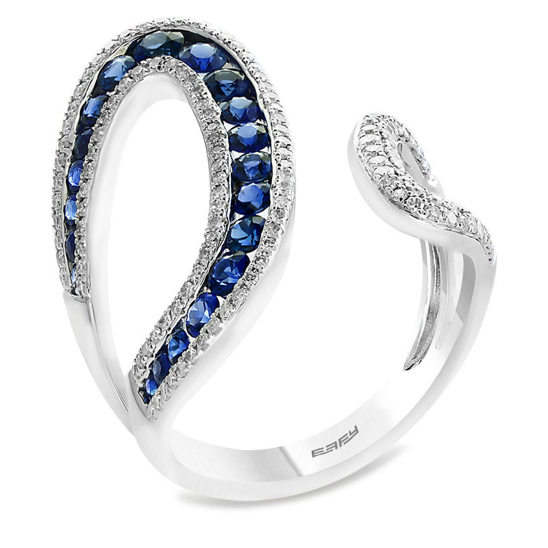 Main Image 2 of EFFY™ Collection Blue Sapphire and 3/8 CT. T.W. Diamond Open Shank Wrap Ring in 14K White Gold