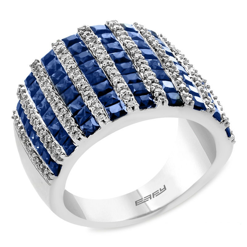 Main Image 1 of EFFY™ Collection Princess-Cut Blue Sapphire and 1/2 CT. T.W. Diamond Ring in 14K White Gold
