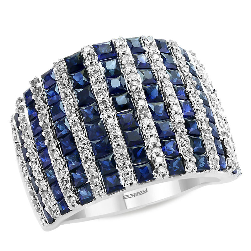 Main Image 2 of EFFY™ Collection Princess-Cut Blue Sapphire and 1/2 CT. T.W. Diamond Ring in 14K White Gold