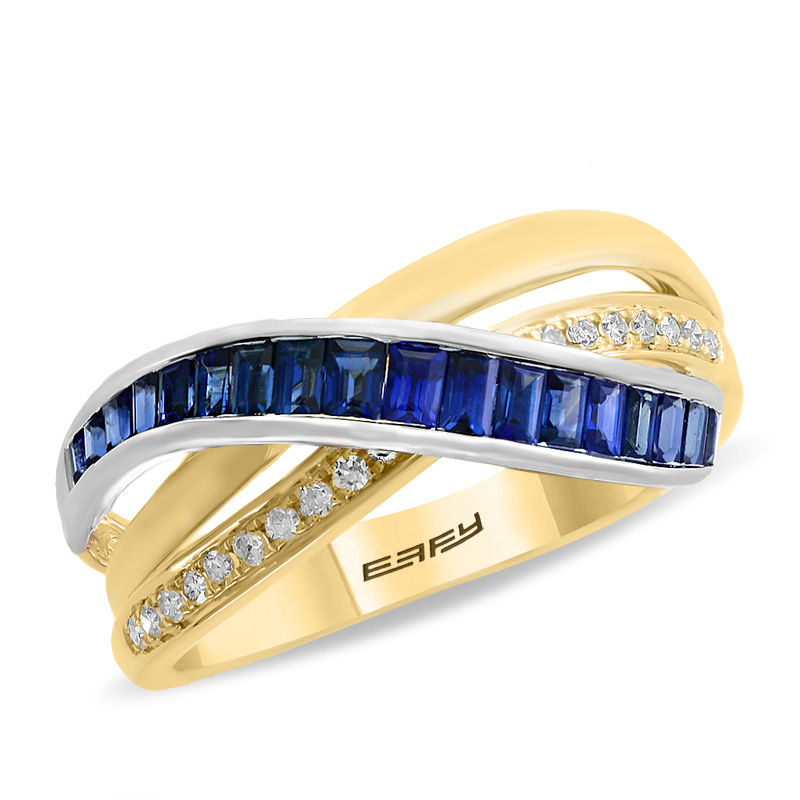 EFFY™ Collection Baguette Blue Sapphire and 1/15 CT. T.W. Diamond Crossover Ring in 14K Two-Tone Gold