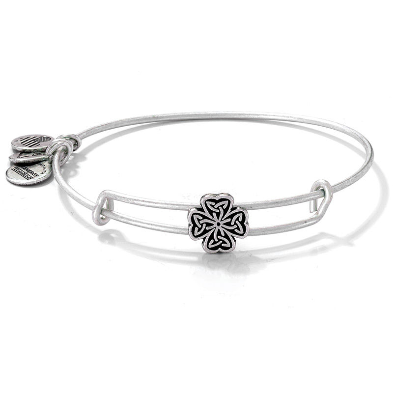 Main Image 1 of Alex and Ani Four Leaf Clover Slider Charm Bangle in Silver-Tone Brass