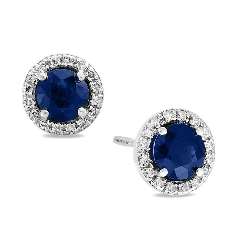 EFFY™ Collection 5.0mm Blue Sapphire and 1/8 CT. T.W. Diamond Frame Stud Earrings in 14K White Gold